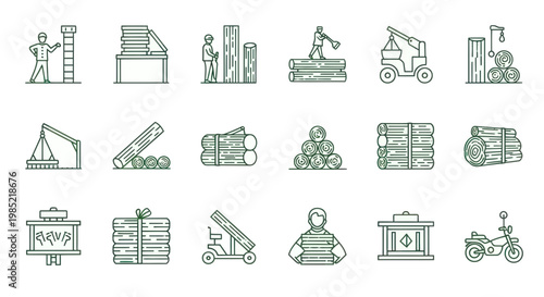 Lumber Industry Icons: Logging, Wood Processing, and Construction