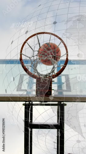 Vertical video: Player shooting, ball entering hitting rim, net swinging, player reaching for score