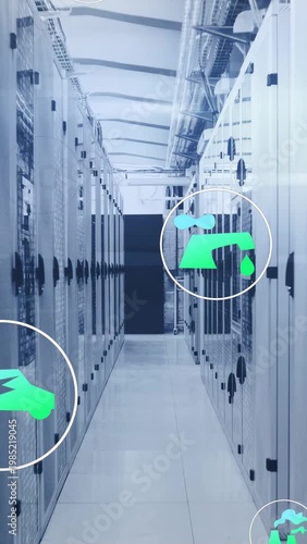 Vertical video: Sensor data sending icons over data center racks shifting up, showing CO2 and power