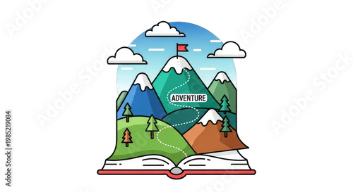 Open book with mountain adventure landscape unfolding from pages, concept of storytelling