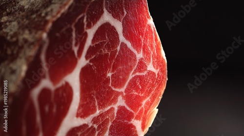 Capicola Cross-Section with Fat-Lean Texture Like Sedimentary Rock, Studio Light Closeup, Abstract Food-Geology Fusion