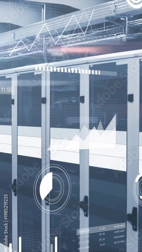 Vertical video: HUD fading over racks starting overlays pulsing sliding with right pan showing data