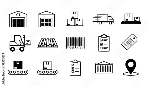 A set of black and white line art icons depicting logistics and shipping concepts
