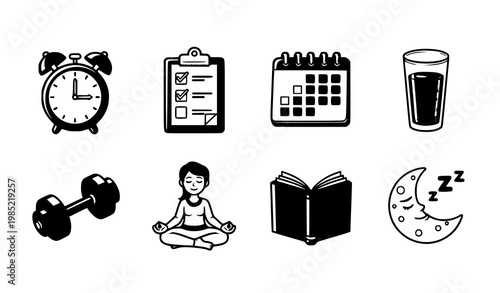 A set of black and white icons representing daily routines and wellness activities