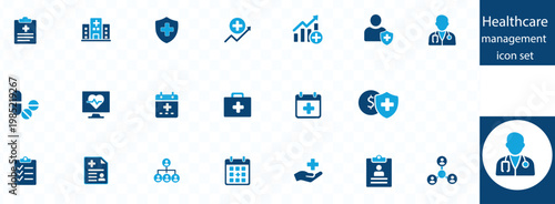 A collection of healthcare icons represents medical services administration patient care and health management systems in blue high quality professional detailed modern elegant