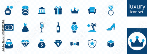 A collection of vibrant blue icons depicts various symbols of wealth status and indulgence representing a luxury lifestyle high quality professional detailed modern