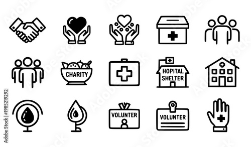 A set of black and white vector icons representing charity and volunteer work
