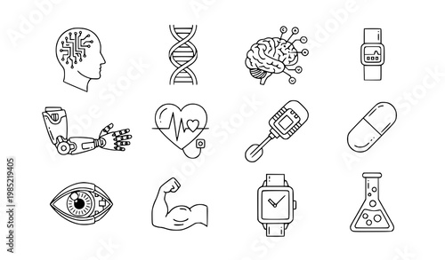 A set of line art icons representing science and technology concepts