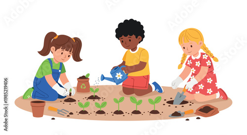Three diverse children are happily gardening together, planting young seedlings and watering them in a sunny outdoor garden patch.