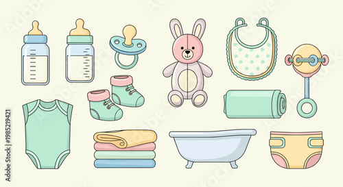 A collection of essential baby care items, including feeding bottles, pacifier, baby clothes, toys, and bathing accessories, presented in a clean, flat illustration style.