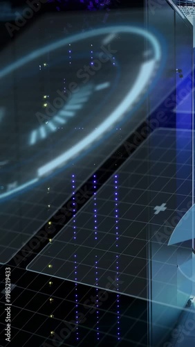 Vertical video: HUD starting, dial spinning, blue lights falling, panels sliding, showing tech data