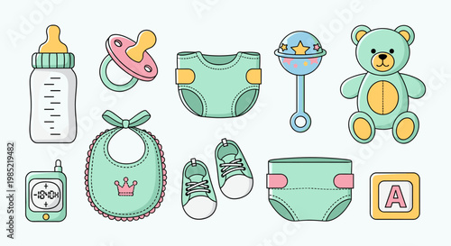 A collection of cute baby items including a bottle, pacifier, diapers, bib, booties, rattle, teddy bear, and alphabet block.