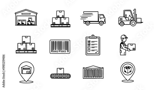 A set of black and white line art icons depicting logistics and shipping concepts