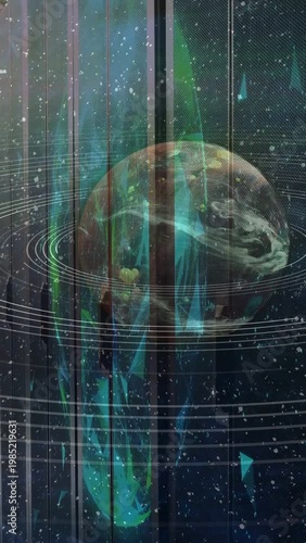 Vertical video: On loop start planet rotating aurora plumes streaming rings sliding to show display