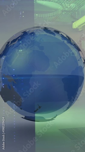 Blue globe overlay appearing on ping, growing and rotating, dots pulsing, visualizing network