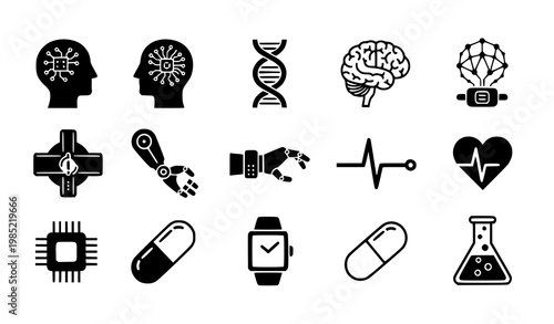 A set of black and white vector icons representing medical and technology concepts
