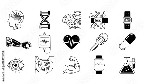 A collection of black and white medical and technology icons in a flat design style