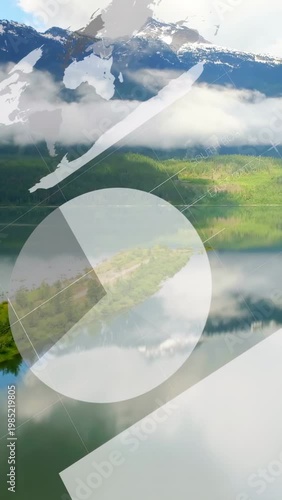 Vertical video: Launching from drone, overlays animating, showing data over mountain lake island