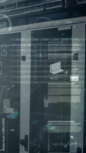 Vertical video: On boot server rack running auto scan monitoring system health, HUD bars updating