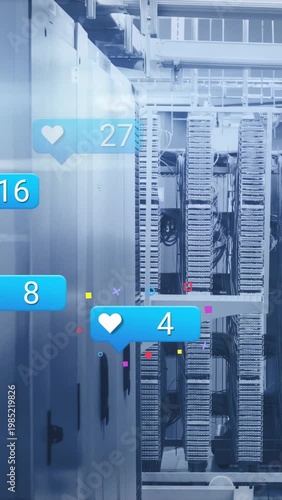 Vertical video: Server racks staying steady in data center, blue bubble entering and showing growth