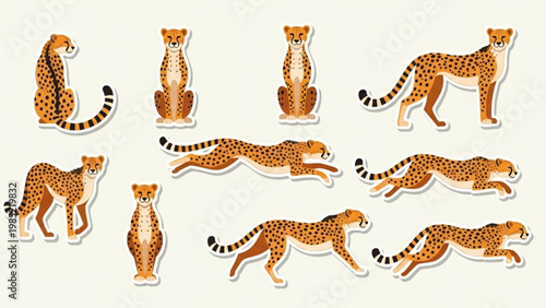cheetah Assortment of vibrant cheetah illustrations in various dynamic poses, capturing the majestic big cat's agility and the concept of incredible swiftness in nature