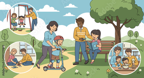 Diverse families enjoying a sunny day in a park, engaging in various activities like playing on swings, riding scooters, reading, and sharing a meal.