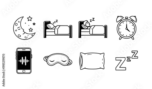 A set of vector icons illustrating sleep and bedtime routines