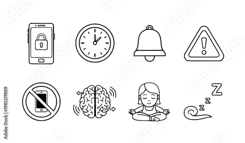 A set of vector icons illustrating mindfulness and time management concepts