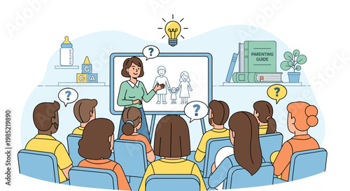 A teacher presents a family diagram to an engaged audience during a parenting class, with question marks indicating audience participation and a lightbulb symbolizing an idea.
