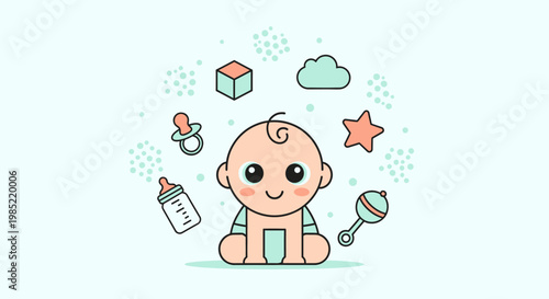 Adorable cartoon baby sitting surrounded by cute baby toys and icons like a rattle, bottle, pacifier, block, cloud, and star.