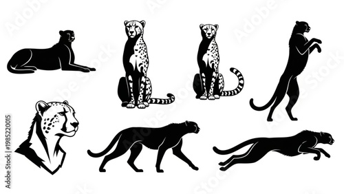 Diverse collection of majestic cheetahs in various dynamic poses and silhouettes, showcasing their powerful athleticism and graceful form