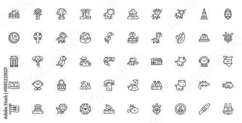 Kenya icon set. Vector symbols of Karen Blixen Museum, Mount Kenya, wildlife, culture, food and landmarks like Dhow, Mombasa Tusks and Madaraka Express.