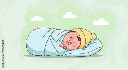Cute newborn baby sleeping soundly, swaddled in a blue polka dot blanket and wearing a yellow beanie on a soft pillow.