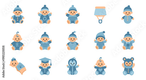 A collection of cute blue baby icons, including babies in hats, onesies, and a graduation cap, along with a baby rattle and a teddy bear.