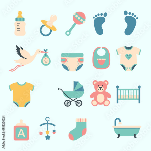 A collection of flat design baby items including a bottle, pacifier, rattle, footprints, stork, diaper, bib, onesie, stroller, teddy bear, crib, block, mobile, sock, and bathtub.