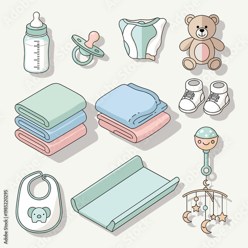 A collection of essential baby care items, including a bottle, pacifier, diapers, teddy bear, blankets, booties, bib, changing pad, rattle, and mobile.