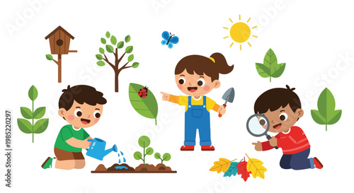 Three diverse children happily explore nature and garden together, using tools like a watering can, a hand trowel, and a magnifying glass.