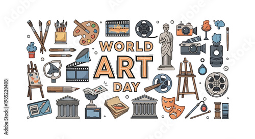 Overhead vector illustration celebrating World Art Day, showcasing painting and drawing concepts alongside art tools and a classical statue, all arranged against a clean white background