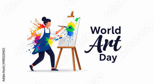 Seen in a vibrant vector illustration, an artist in an apron is painting on a canvas atop an easel, creating colorful splatters with a brush in her workspace, celebrating artistic
