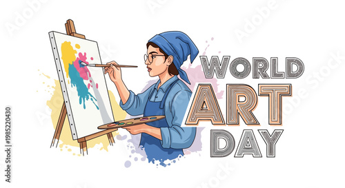 An artist is creating an expressive painting on a canvas with a brush and palette in a brightly colored illustration celebrating World Art Day, against a clean white background