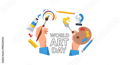 Illustrated vector celebrating World Art Day, displaying hands holding a paintbrush applying colorful paint, complemented by a palette and art supplies, set against a clean white background