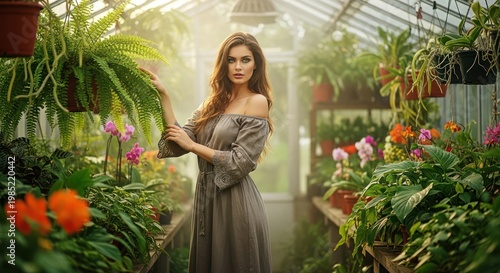 Woman standing in a greenhouse.