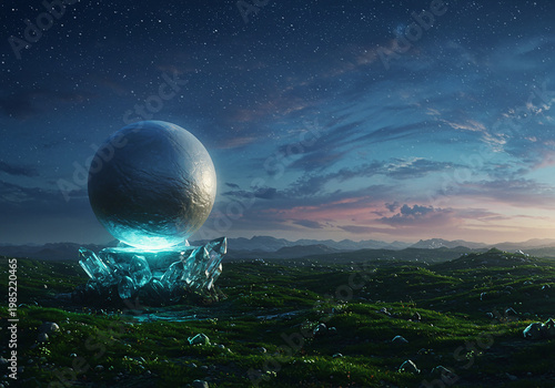 Glowing Sphere on Crystals in Open Landscape at Night with Stars