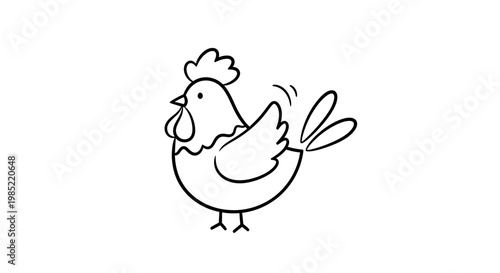 Cute cartoon chicken, simple line drawing, isolated on white background
