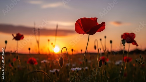 Red poppies in sunset field.