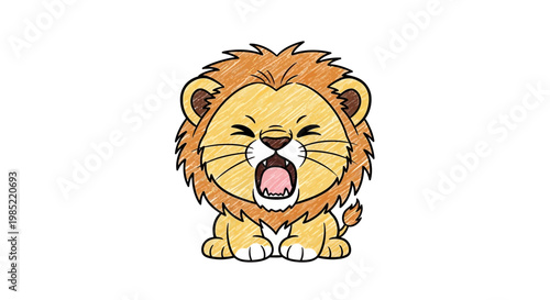 Cute cartoon lion cub yawning, funny, adorable, baby animal illustration