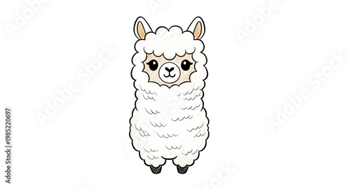 Cute cartoon llama illustration, fluffy white alpaca drawing, adorable animal character