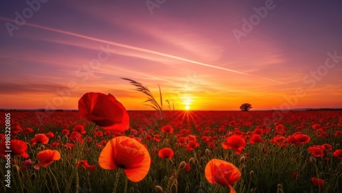 Vibrant poppy field at sunset.