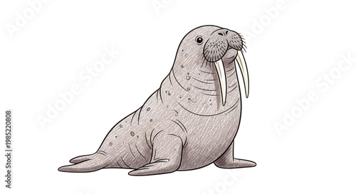 Cute cartoon walrus sitting on white background, illustration