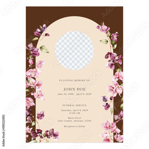 Minimalist funeral invitation featuring watercolor-style pink Bougainvillea flowers and an circle photo placeholder on a dark brown background